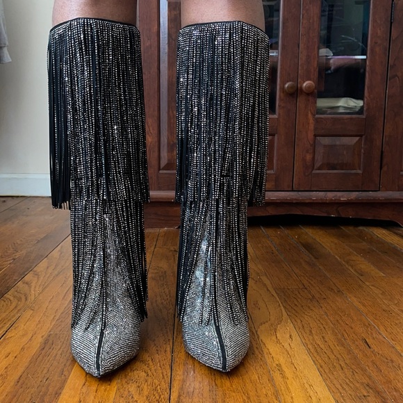 Ishani Fringe Boots Black Bling 